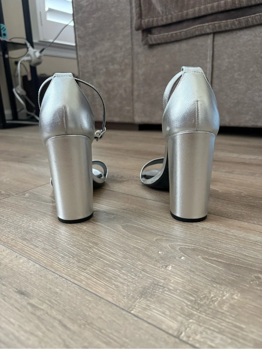 Steve Madden Metallic Silver Ankle-Strap Block Heels